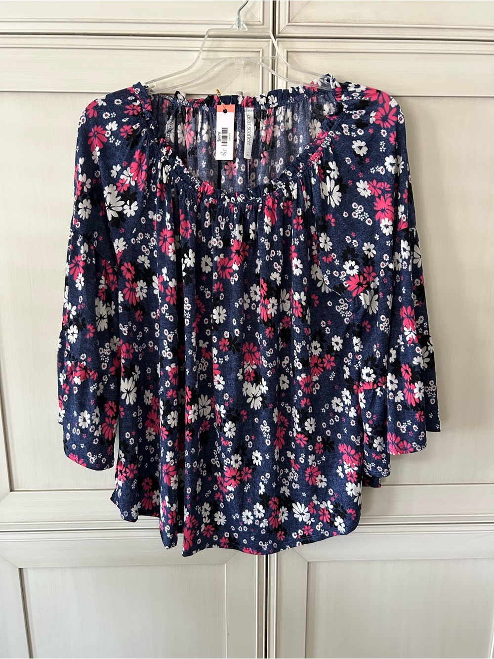 Dear Scarlett Women’s Navy Floral Peasant Top with Pink & White Blossoms